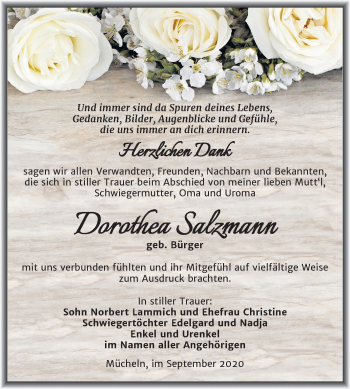 Traueranzeige von Dorothea Salzmann von Mitteldeutsche Zeitung Merseburg/Querfurt