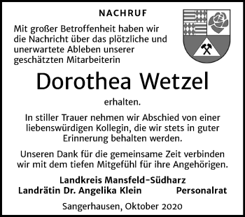 Traueranzeige von Dorothea Wetzel von Mitteldeutsche Zeitung Mansfelder Land / Sangerhausen