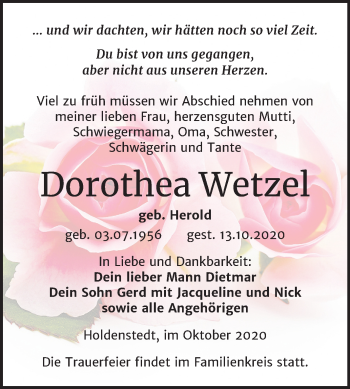 Traueranzeige von Dorothea Wetzel von Mitteldeutsche Zeitung Sangerhausen