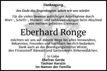 Traueranzeige von Eberhard Ronge von Wochenspiegel Bitterfeld
