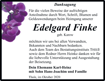 Traueranzeige von Edelgard Finke von Super Sonntag Quedlinburg