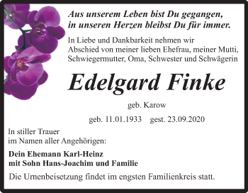 Traueranzeige von Edelgard Finke von Super Sonntag Quedlinburg
