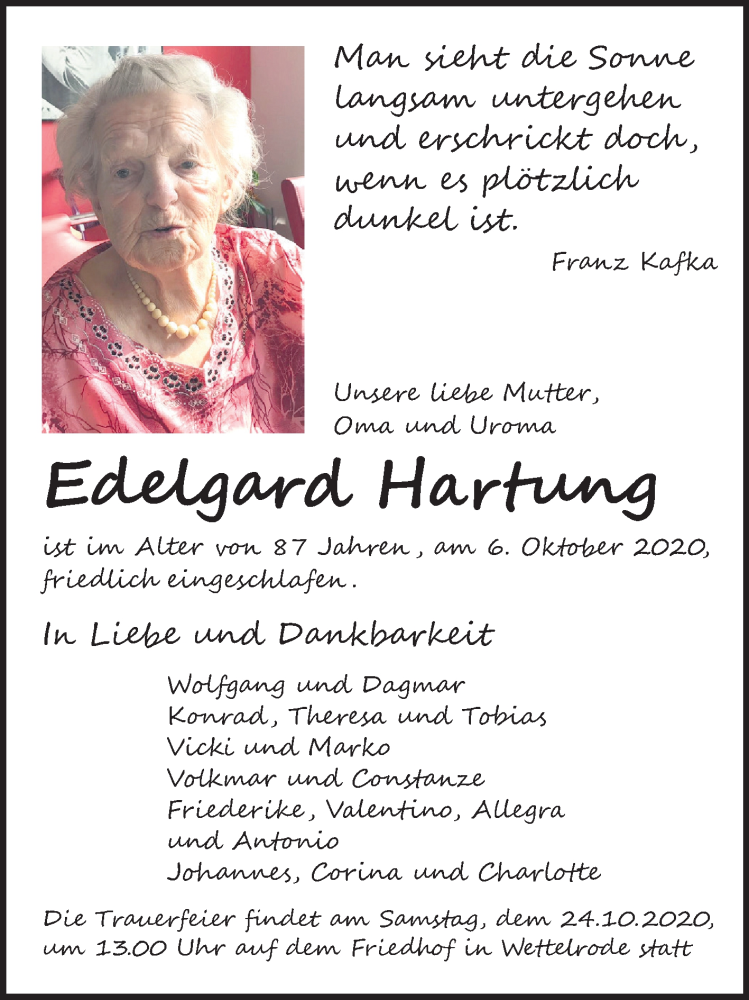  Traueranzeige für Edelgard Hartung vom 17.10.2020 aus Super Sonntag Sangerhausen