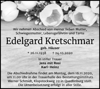 Traueranzeige von Edelgard Kretschmar von Super Sonntag Quedlinburg