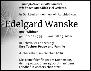 Traueranzeige von Edelgard Wanske von Mitteldeutsche Zeitung Aschersleben