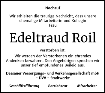 Traueranzeige von Edeltraud Roil von Mitteldeutsche Zeitung Dessau-Roßlau
