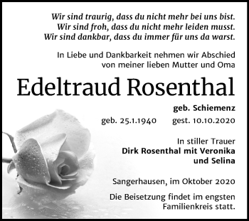 Traueranzeige von Edeltraud Rosenthal von Super Sonntag Sangerhausen