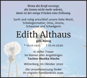 Traueranzeige von Edith Althaus von Super Sonntag Wittenberg