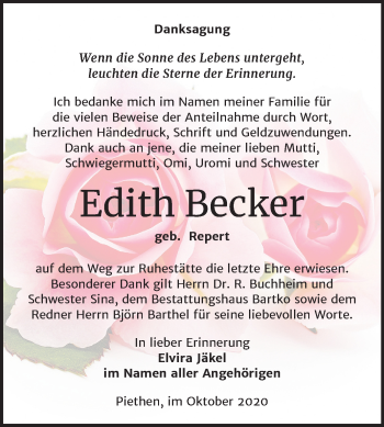 Traueranzeige von Edith Becker von Super Sonntag Köthen