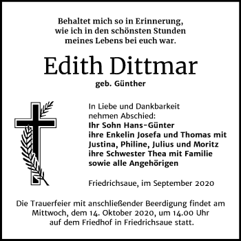 Traueranzeige von Edith Dittmar von Super Sonntag Aschersleben