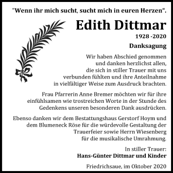 Traueranzeige von Edith Dittmar von Super Sonntag Aschersleben