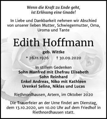 Traueranzeige von Edith Hoffmann von Mitteldeutsche Zeitung Sangerhausen