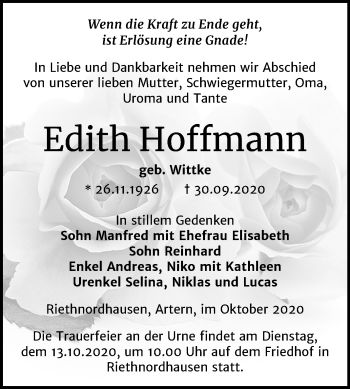 Traueranzeige von Edith Hoffmann von Super Sonntag Sangerhausen