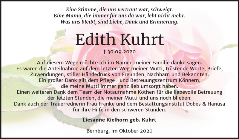  Traueranzeige für Edith Kuhrt vom 30.10.2020 aus Super Sonntag Bernburg
