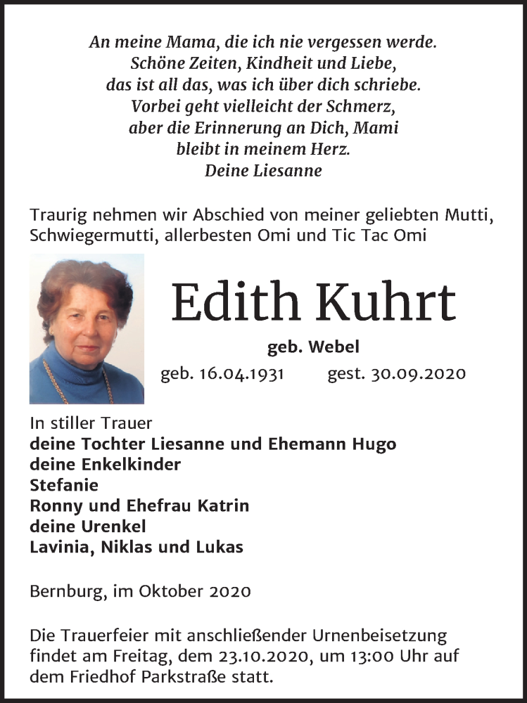  Traueranzeige für Edith Kuhrt vom 10.10.2020 aus Mitteldeutsche Zeitung Bernburg