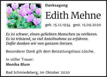Traueranzeige von Edith Mehne von Mitteldeutsche Zeitung Wittenberg