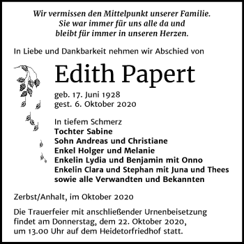 Traueranzeige von Edith Papert von Super Sonntag Dessau-Roßlau