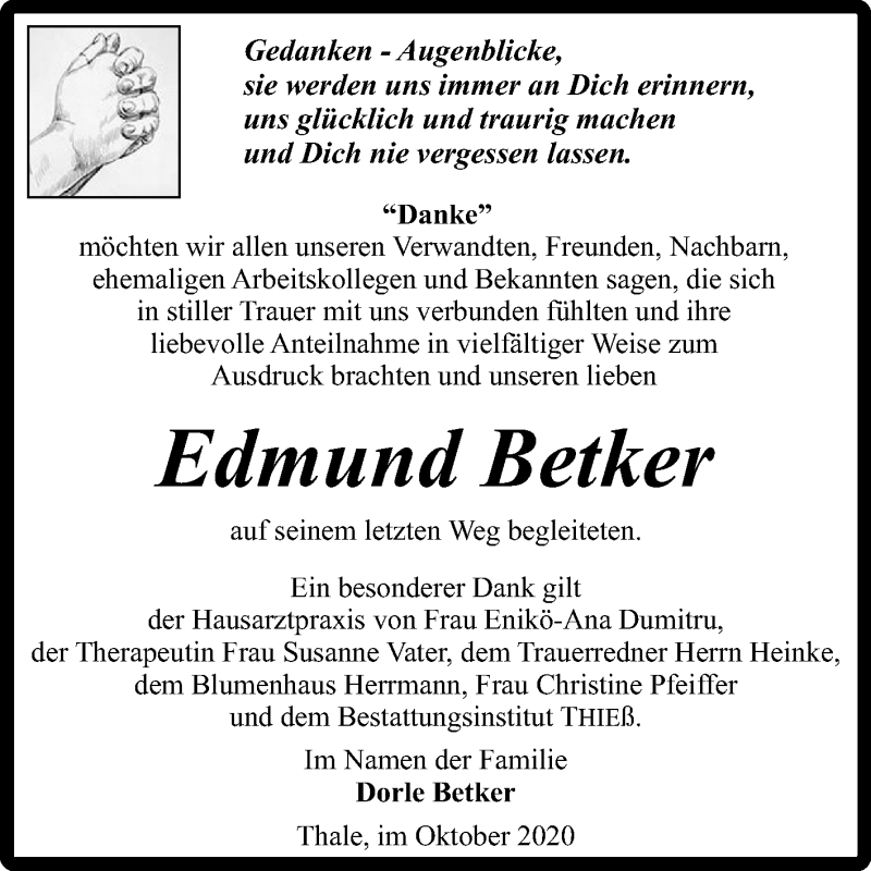  Traueranzeige für Edmund Betker vom 02.10.2020 aus Mitteldeutsche Zeitung Quedlinburg