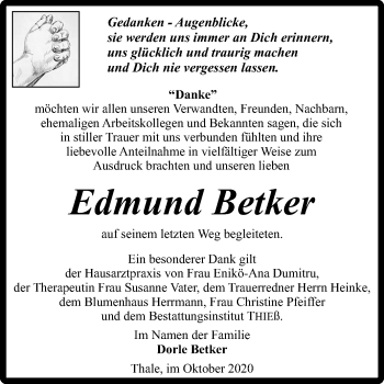 Traueranzeige von Edmund Betker von Mitteldeutsche Zeitung Quedlinburg