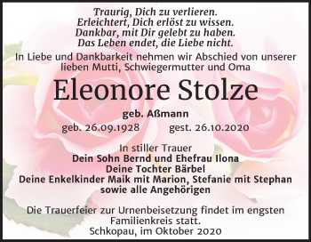 Traueranzeige von Eleonore Stolze von Mitteldeutsche Zeitung Merseburg/Querfurt