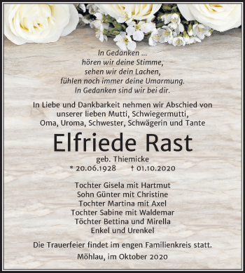 Traueranzeige von Elfriede Rast von Super Sonntag Wittenberg