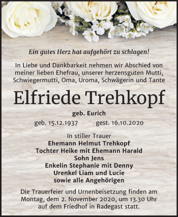 Traueranzeige von Elfriede Trehkopf von Mitteldeutsche Zeitung Köthen