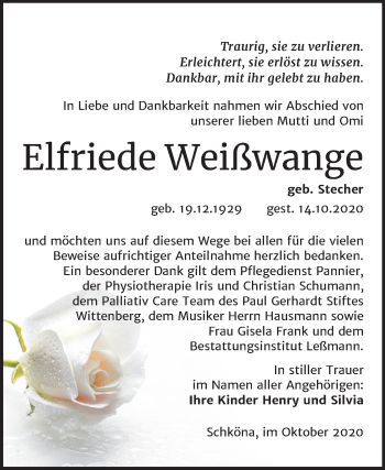 Traueranzeige von Elfriede Weißwange von Super Sonntag Wittenberg