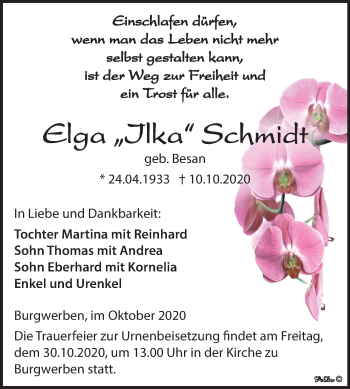 Traueranzeige von Elga Schmidt von Wochenspiegel Weißenfels