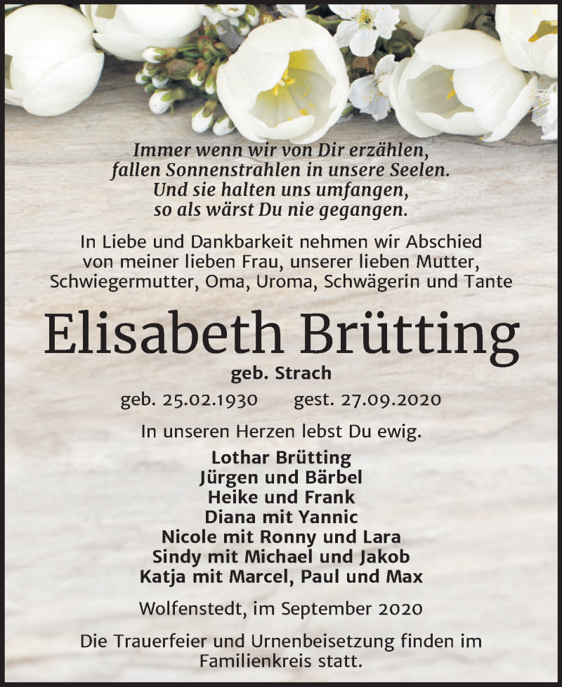  Traueranzeige für Elisabeth Brütting vom 02.10.2020 aus Super Sonntag Sangerhausen