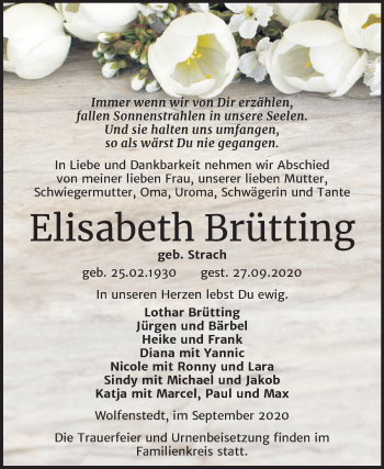 Traueranzeige von Elisabeth Brütting von Super Sonntag Sangerhausen