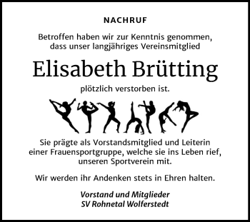 Traueranzeige von Elisabeth Brütting von Super Sonntag Sangerhausen