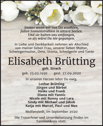 Traueranzeige von Elisabeth Brütting von Mitteldeutsche Zeitung Sangerhausen