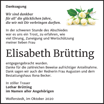 Traueranzeige von Elisabeth Brütting von Super Sonntag Sangerhausen