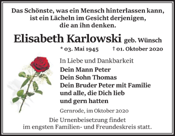 Traueranzeige von Elisabeth Karlowski von Super Sonntag Quedlinburg