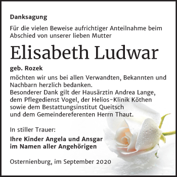 Traueranzeige von Elisabeth Ludwar von Mitteldeutsche Zeitung Köthen