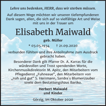 Traueranzeige von Elisabeth Maiwald von Mitteldeutsche Zeitung Köthen