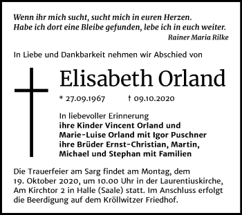 Traueranzeige von Elisabeth Orland von Mitteldeutsche Zeitung Halle/Saalkreis