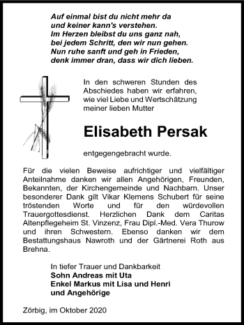 Traueranzeige von Elisabeth Persak von Mitteldeutsche Zeitung Bitterfeld