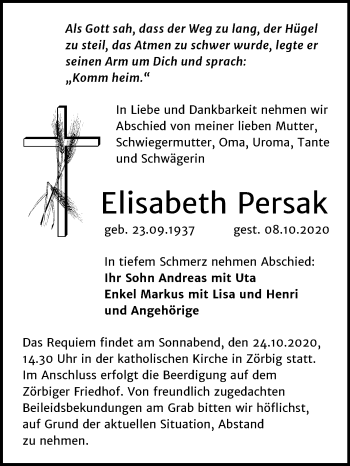 Traueranzeige von Elisabeth Persak von Mitteldeutsche Zeitung Bitterfeld