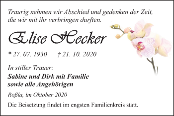 Traueranzeige von Elise Hecker von Mitteldeutsche Zeitung Sangerhausen
