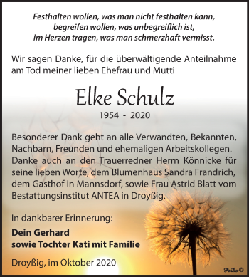 Traueranzeige von Elke Schulz von Mitteldeutsche Zeitung Zeitz