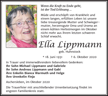 Traueranzeige von Ella Lippmann von Mitteldeutsche Zeitung Aschersleben