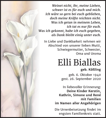 Traueranzeige von Elli Biallas von Wochenspiegel Weißenfels