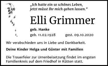 Traueranzeige von Elli Grimmer von Mitteldeutsche Zeitung Halle/Saalkreis