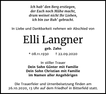 Traueranzeige von Elli Langner von Mitteldeutsche Zeitung Bitterfeld