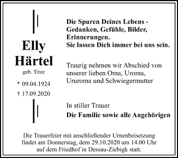 Traueranzeige von Elly Härtel von Mitteldeutsche Zeitung Dessau-Roßlau