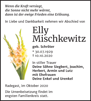 Traueranzeige von Elly Mischkewitz von Super Sonntag Köthen