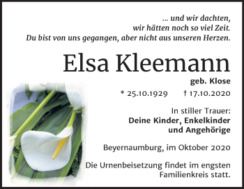 Traueranzeige von Elsa Kleemann von Mitteldeutsche Zeitung Sangerhausen