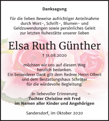Traueranzeige von Elsa Ruth Günther von Wochenspiegel Bitterfeld
