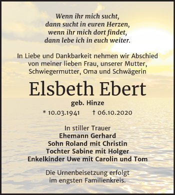 Traueranzeige von Elsbeth Ebert von Super Sonntag Wittenberg
